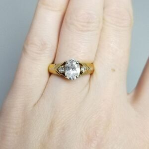 Vintage Rhinestone Solitaire Ring, Gold Tone Size 5 Band, Classic Design, Estate